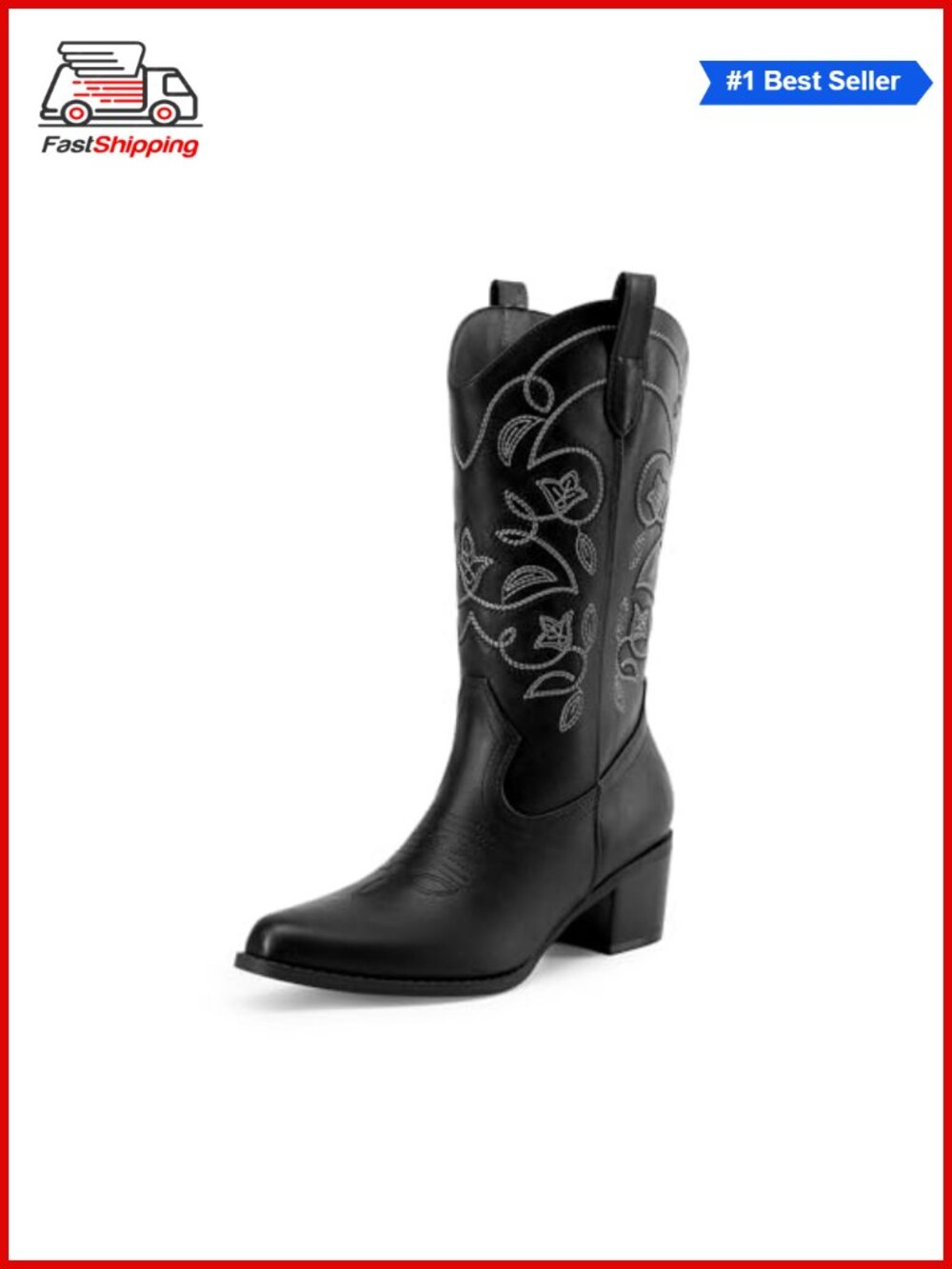✨ DREAM PAIRS Women's Western Mid Calf Cowboy Boots Faux Leather Square Toe